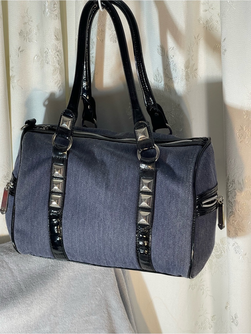 BetseyJohnson Studded Denim Barrel Bag with Patent Trim